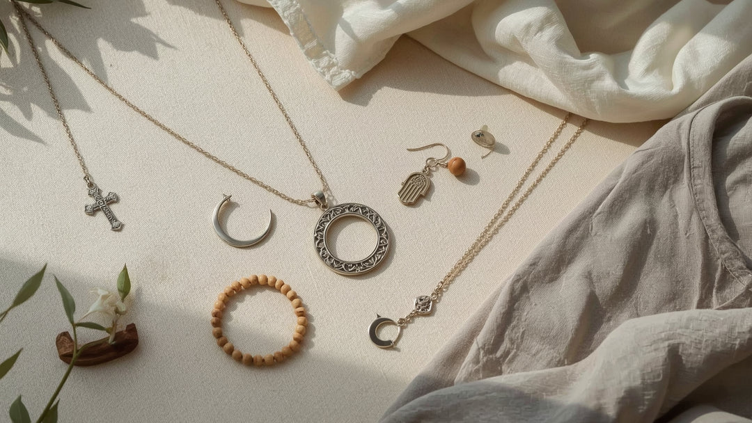 Diverse religious jewelry and modest fashion accessories representing multiple faith traditions in peaceful composition