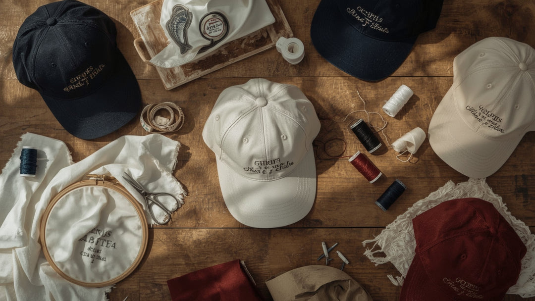 Christian embroidered baseball caps and beanies with cross designs and scripture text on workshop table