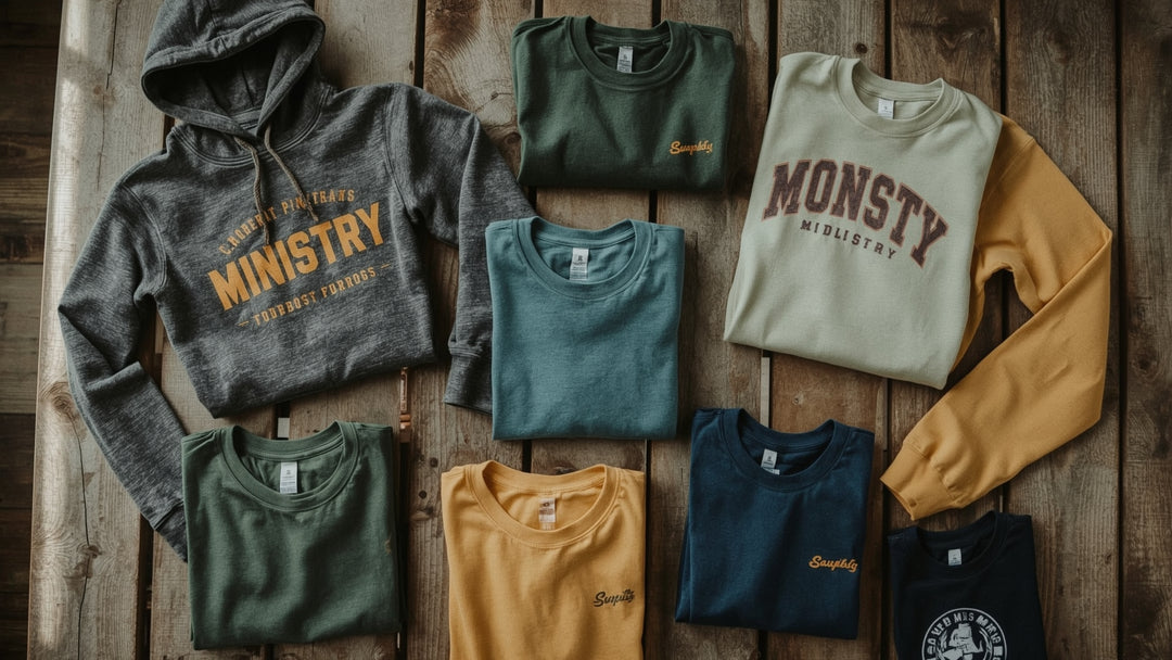 Youth ministry apparel collection featuring hoodies and graphic tees in trendy colors and modern designs