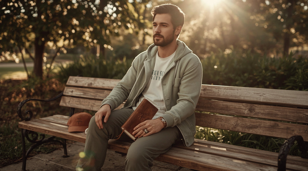 Man wearing casual Christian apparel reading devotional journal outdoors in peaceful morning garden setting