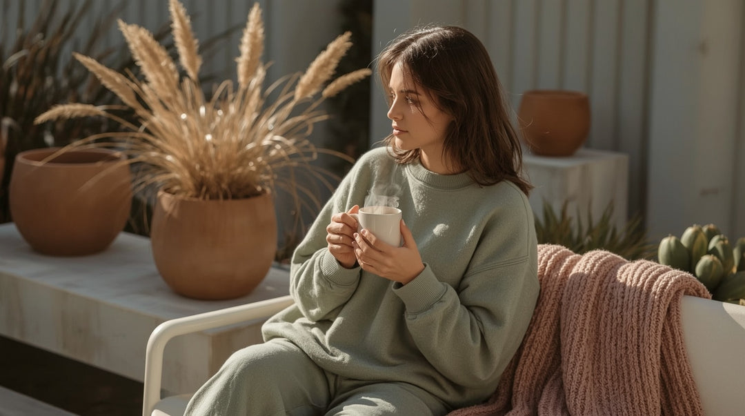 Woman in cozy sage green sweatshirt holding coffee mug during peaceful autumn morning outdoors