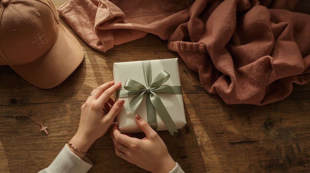 Hands wrapping Christian birthday gifts including cross necklace journal and faith apparel on wooden table
