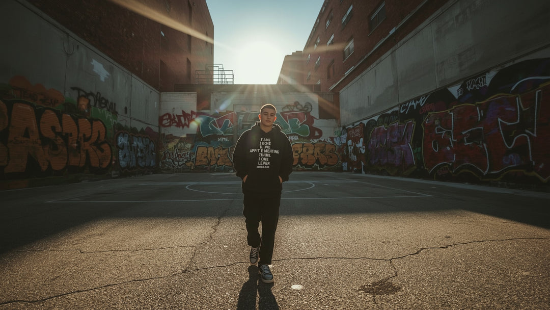 Person wearing faith-based hoodie walking through urban street art environment with golden hour lighting