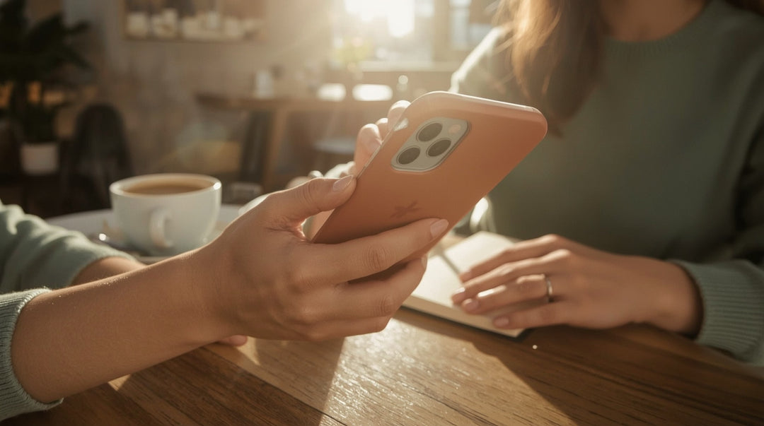 Woman holding smartphone with Christian phone case at coffee shop table in warm natural light