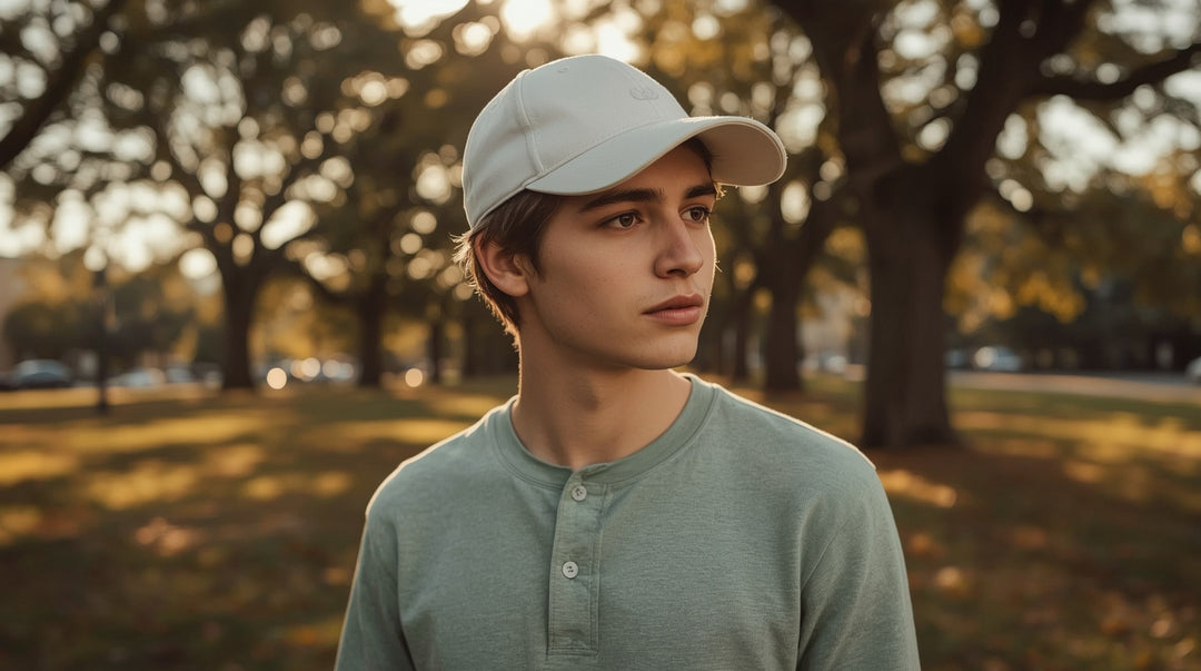 Young man wearing faith-inspired baseball cap in warm natural lighting during golden hour outdoors