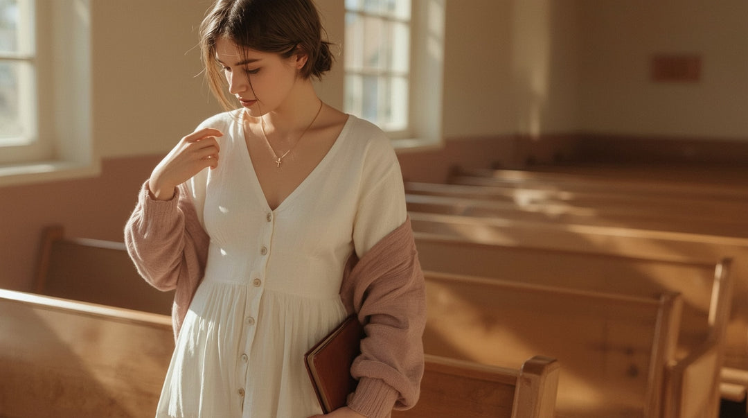 Woman in modest cream midi dress and cross necklace preparing for church service in warm morning light