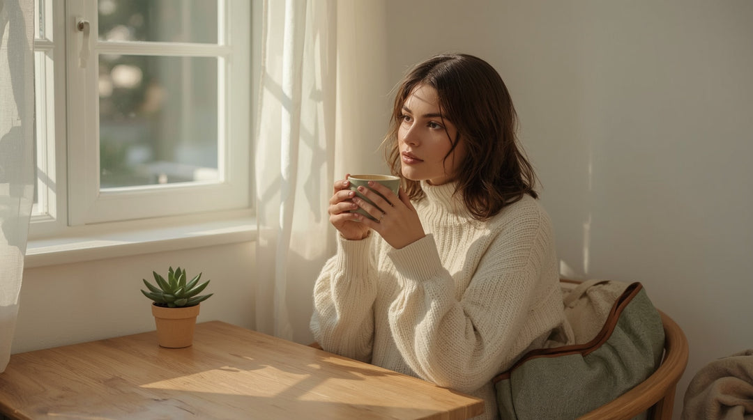 Woman in cozy sweater holding coffee mug at cafe table in warm morning sunlight contemplative faith lifestyle