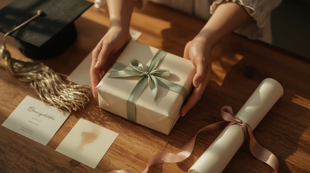 Hands holding wrapped graduation gift with tassel and diploma on wooden table in warm natural light