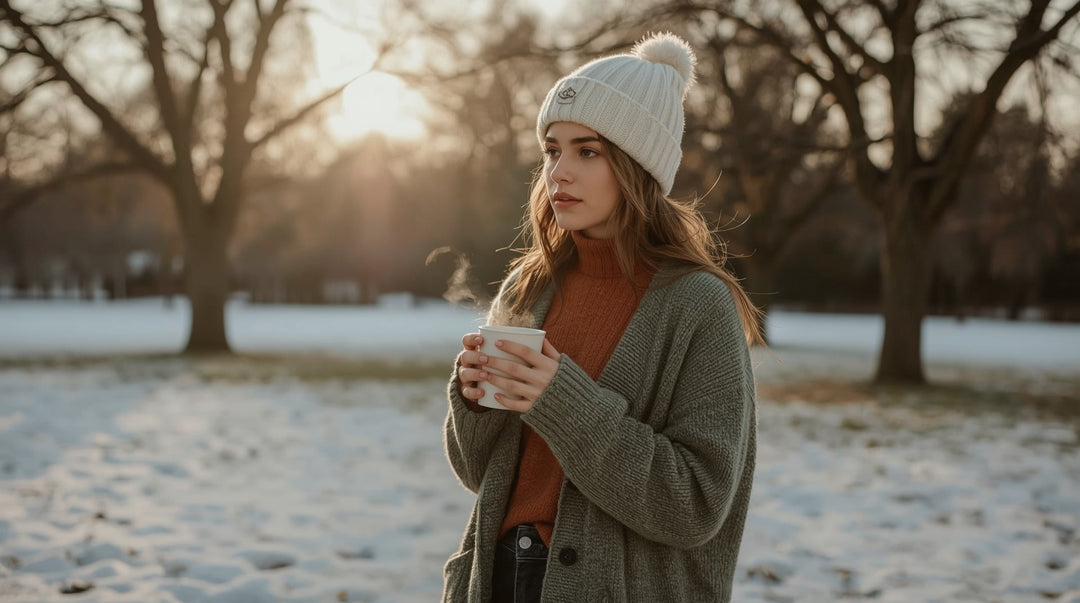 Woman wearing cream knit beanie outdoors during winter golden hour holding warm beverage mug