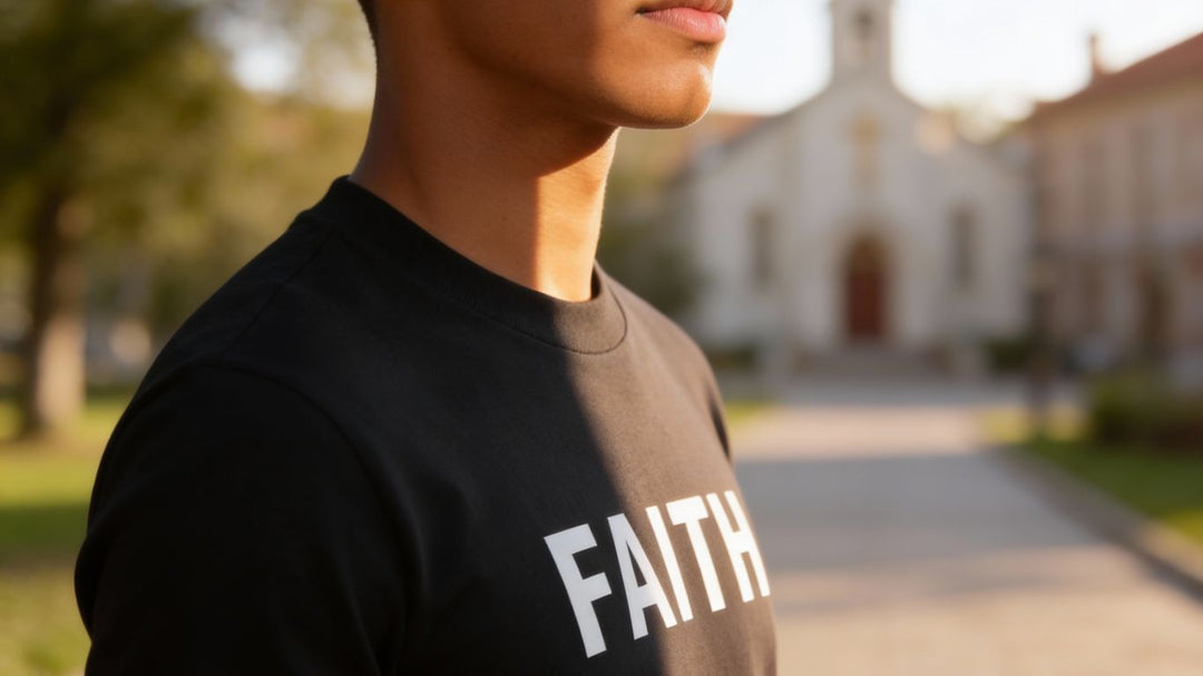 Person wearing 'FAITH' shirt standing outdoors near a church.