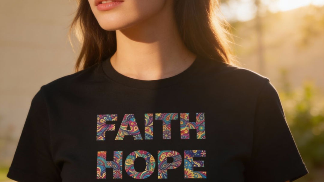 Black t-shirt with colorful paisley print text: Faith, Hope, Love.