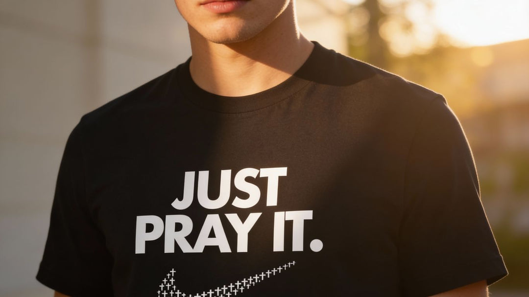 A person wears a black t-shirt with "JUST PRAY IT." and a Nike logo made of crosses.