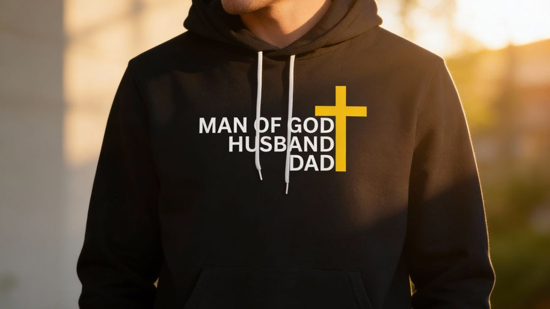 Black hoodie with text "MAN OF GOD HUSBAND DAD" and a cross.
