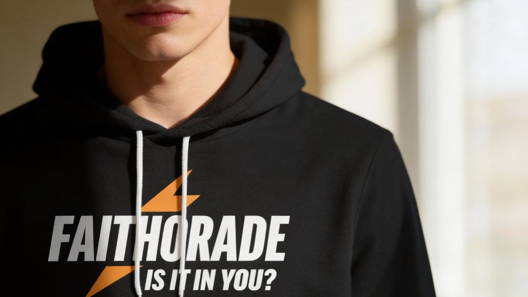 Black hoodie with "FAITHORADE" text and a Bible verse.