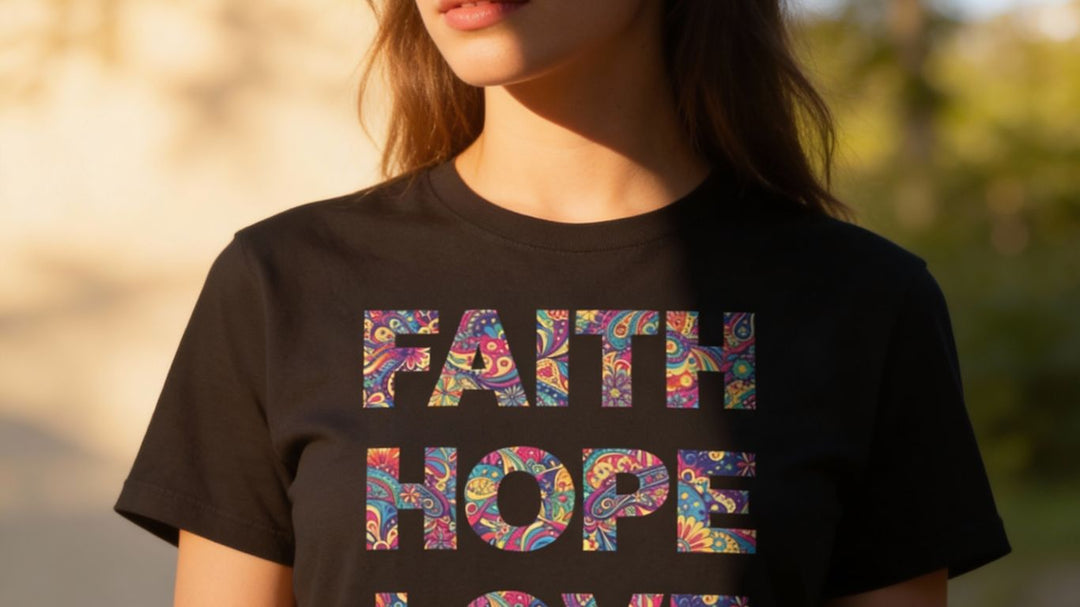 Black t-shirt with colorful "FAITH HOPE LOVE" text in paisley pattern.