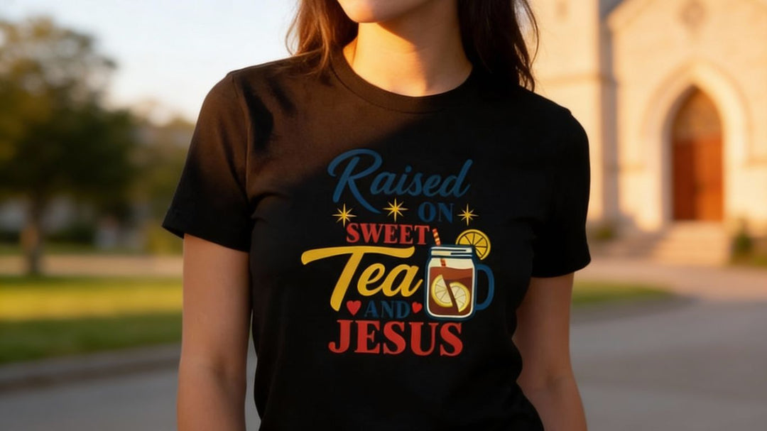 Person wearing a shirt with 'Raised on Sweet Tea and Jesus'.