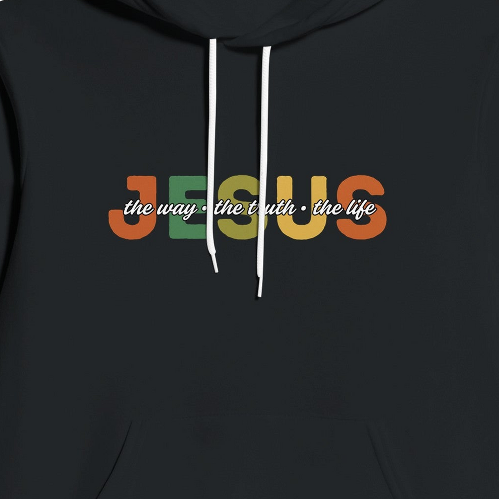 Black hoodie with 'Jesus' in colorful letters and text on a dark background