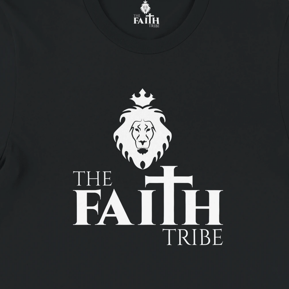 Black t-shirt with 'The Faith Tribe' logo featuring a lion and cross on a dark background.